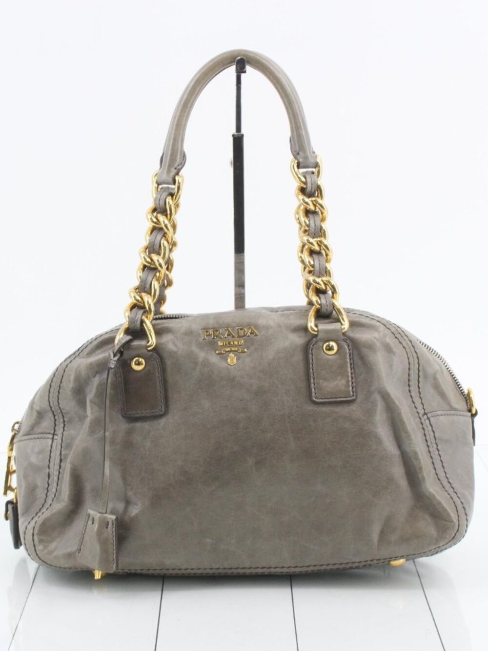 Prada Gray Leather Shoulder Bag with Gold Chain Handles